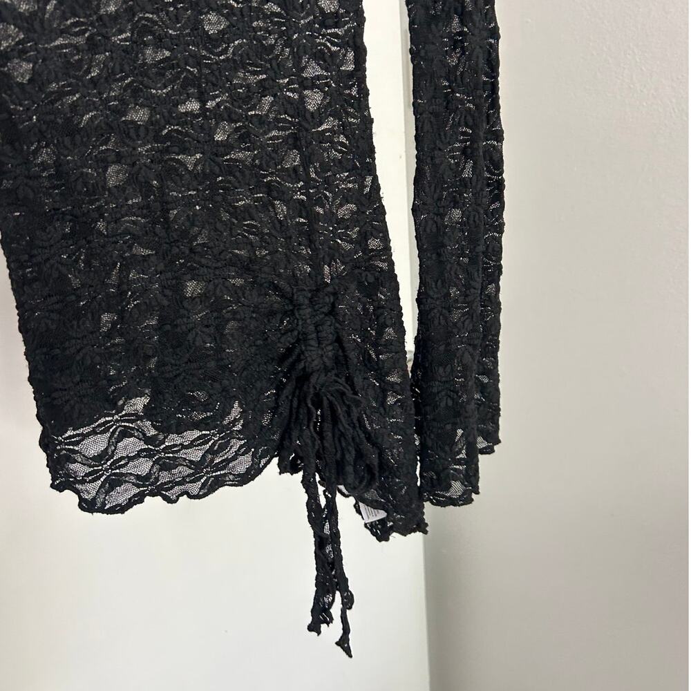 Sheer Black Lace Asymmetrical Hem Long Sleeve Top - Picture 5 of 6